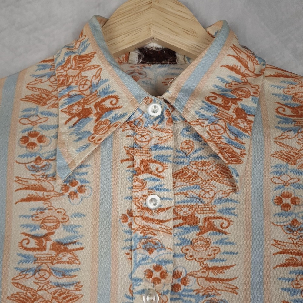 Vintage 70s Shirt Womens Small Novelty Animal Print Button Up Disco Point Collar - Picture 6 of 16